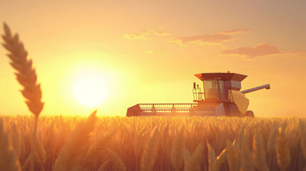 Fototapeta premium Golden 3D Cartoon Wheat Field at Sunset with a Massive Combine Harvester in Action, Symbolizing the Bounty of Agriculture -
