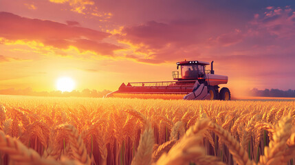 Fototapeta premium Golden 3D Cartoon Wheat Field at Sunset with a Massive Combine Harvester in Action, Symbolizing the Bounty of Agriculture -
