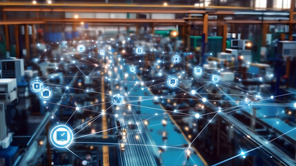 Industrial Internet of Things network connecting devices across a modern factory floor  -