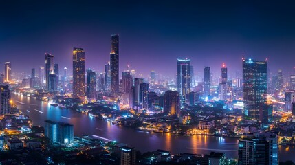 Obraz premium Wireless network and Connection technology concept with Abstract Bangkok city background in panorama view. 
