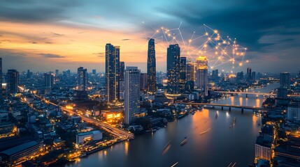 Naklejka premium Wireless network and Connection technology concept with Abstract Bangkok city background in panorama view. 