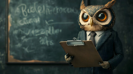 Owl in a business suit holding a clipboard, positioned in front of a chalkboard  -