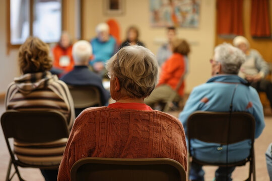 Senior Woman Sitting in Chair  Back View  Group Meeting  Seniors  Back of Head  Group Discussion  Older Adults