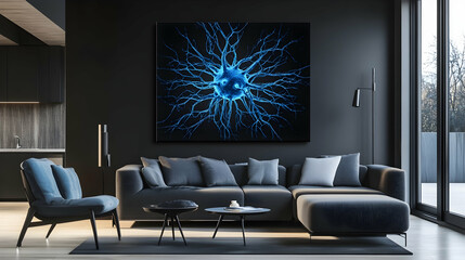 Vibrant Blue Neuron with Playful Textures on a Sleek Black Canvas Embracing Modern Design  -