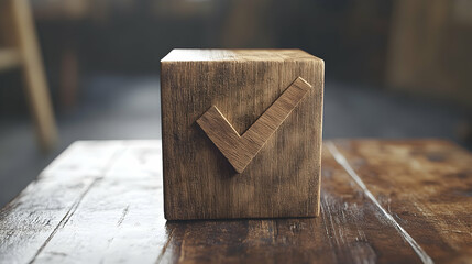 Wooden Block with a Check Mark Symbolizing Quality Assurance  -