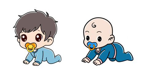 Two little monster or baby boys crawling around. Cartoon character Vector illustration on white background.