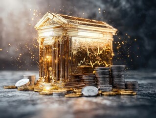 A gold building with a pile of coins on top of it