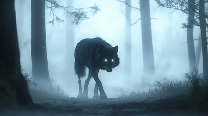 Naklejka premium A lone black wolf with glowing green eyes walks through a misty forest.