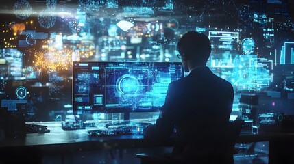 Businessman with computer background with technology theme hologram. Concept of hightech. Multi exposure. 