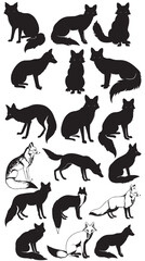 Fototapeta premium A collection of fox vector silhouettes , black silhouettes isolated on white background