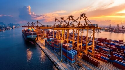 Sunset Over Busy Shipping Port with Cargo Containers