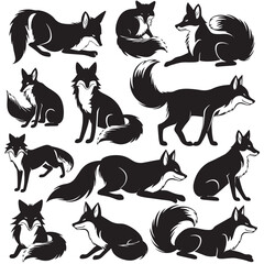 Fototapeta premium A collection of fox vector silhouettes , black silhouettes isolated on white background