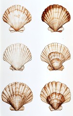 Six scallop shells in various shades of brown and white, set against a plain white background.