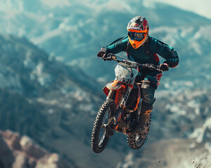 Motocross Rider Jumping Over Mountain Landscape