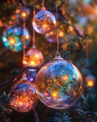 Naklejka premium Festive Christmas Baubles with Bokeh Lights and Green Foliage