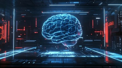 Neon blue glowing futuristic brain scan technology
