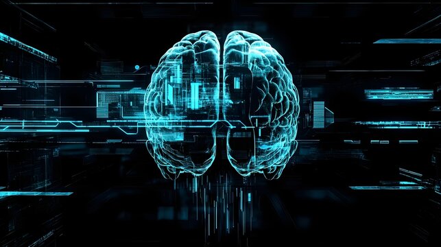 Neon blue glowing futuristic brain scan technology