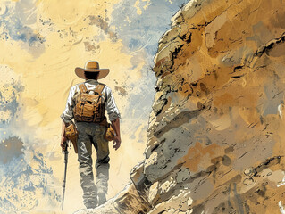 Cowboy with Backpack Walking on Mountain Trail