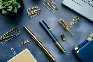 A stylish stationery arrangement featuring pens, clips, and folders for office inspiration.   