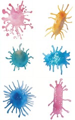 A collection of six watercolor splatters in a variety of bright colors on a white background.