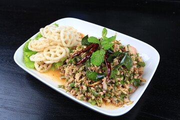 Spicy minced pork salad or Pork Larb (larb moo) popular foods in thailand 