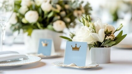 Blue Place Card with Gold Crown for Boy Baby Shower