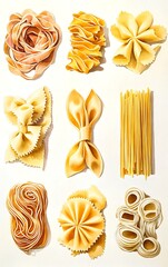 Assortment of dried pasta shapes, including bowtie, fettuccine, and spaghetti.