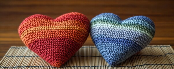 Naklejka premium Two crocheted hearts on a wooden table, one red and one blue with colorful stripes.