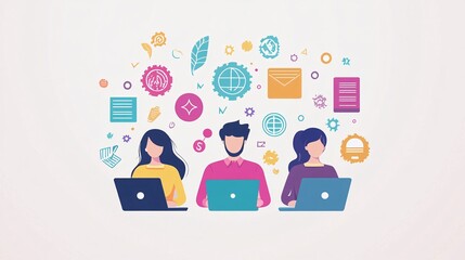 Three individuals working on laptops, surrounded by colorful icons representing technology, communication, and creativity in a modern workspace.