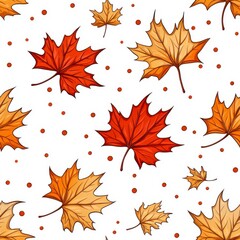 Fototapeta premium Autumn Maple Leaf Seamless Pattern: Vibrant Red & Orange Leaves Scattered on a White Background, Featuring a Charming Seasonal Design for Fall-Themed Art, Textiles, Wallpaper & Crafts