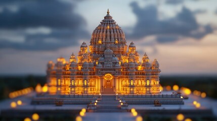 Fototapeta premium A beautifully illuminated temple shines against the twilight sky, showcasing intricate architecture and stunning serenity.