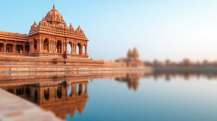 Fototapeta premium A stunning temple reflected in calm waters during a serene sunset, showcasing intricate architecture and vibrant colors.