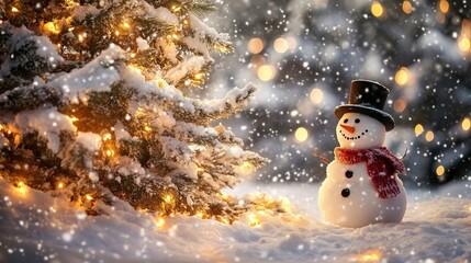 Obraz premium Snowman next to a snow-covered Christmas pine tree, wide-angle from below, warm golden lights twinkling on the tree, snowfall creating a magical atmosphere, festive and joyful scene. 
