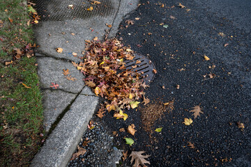 Round iron stormwater drain in a city street next to a weathered concrete sidewalk with access ramp...