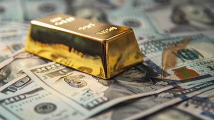 Gold Bar Resting on a Pile of US Dollar Bills