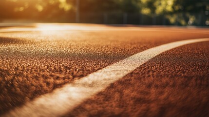 A running track with a focus on the track surface and lane markings, outdoor setting with sunlight, Dynamic style