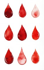 Nine red and pink watercolor drops in a white background. Perfect for medical or blood donation related projects.