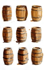 Nine hand-drawn illustrations of wooden barrels on a white background, showcasing different angles and details. The rustic charm and intricate lines create a visually appealing design.
