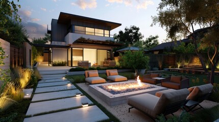 Fototapeta premium Modern Backyard Oasis with Fire Pit