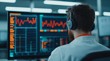 focused engineer wearing headphones monitors AI systems on smart manufacturing floor, analyzing data on multiple screens. environment is high tech and dynamic