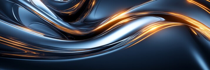 A sleek, abstract image featuring flowing metallic waves in deep blue and vibrant orange tones, conveying a sense of motion and fluidity.