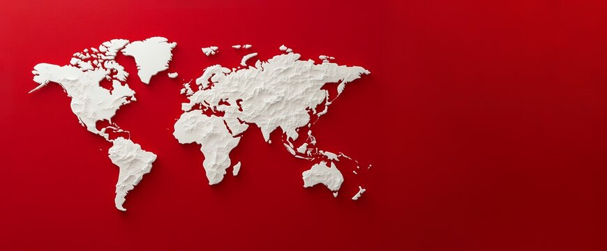 Fototapeta A white 3D world map on a red background, symbolizing global connection and exploration.