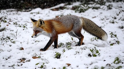 Fototapeta premium A red fox walks through a snowy forest, its fur dusted with snowflakes.