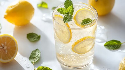 Fototapeta premium A refreshing glass of lemonade with lemon slices and mint leaves on a white background.
