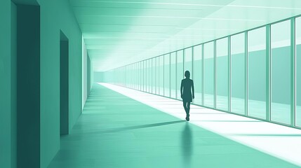 Fototapeta premium Introvert Solitude Minimalism Person walking alone in a minimalist corridor, quiet surroundings, flat design illustration