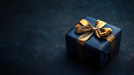 dark blue gift box with gold ribbon for birthdays or christmas, perfect for a luxurious and festive design