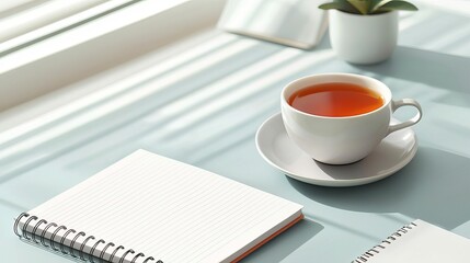 Introvert Solitude Minimalism Minimalist desk with notebook and cup of tea, introvert lifestyle, flat design illustration