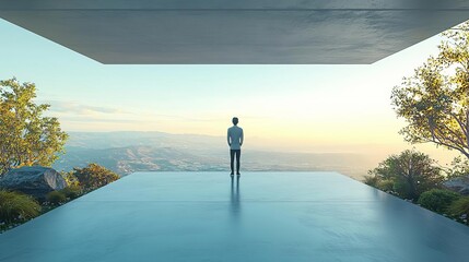 Obraz premium Introvert Solitude Minimalism Person standing in a quiet, empty hallway, enjoying serene atmosphere, flat design illustration