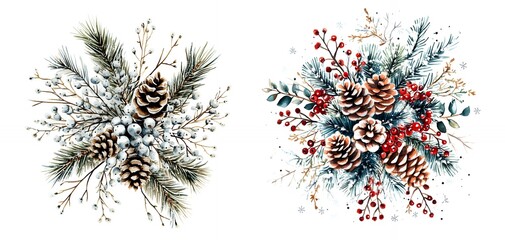 Two watercolor illustrations of festive winter arrangements. The first with blue berries and pinecones, the second with red berries and pinecones.