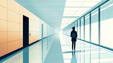 Fototapeta premium Introvert Solitude Minimalism Person standing in a quiet, empty hallway, enjoying serene atmosphere, flat design illustration